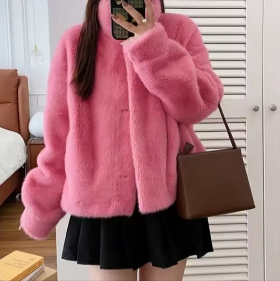 Women Faux Fur Coat, Mink Fur Integrated Short Stand Collar - Picture 8 of 13